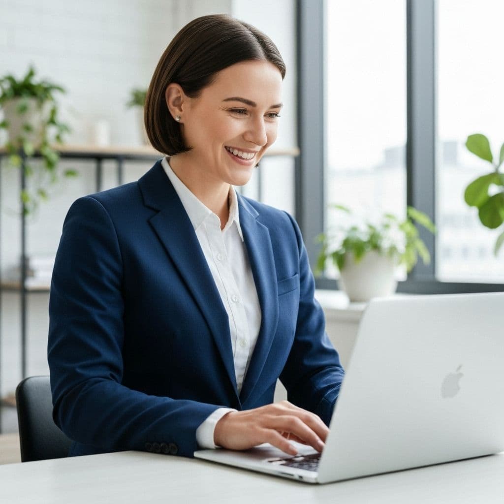 Professional smiling at laptop